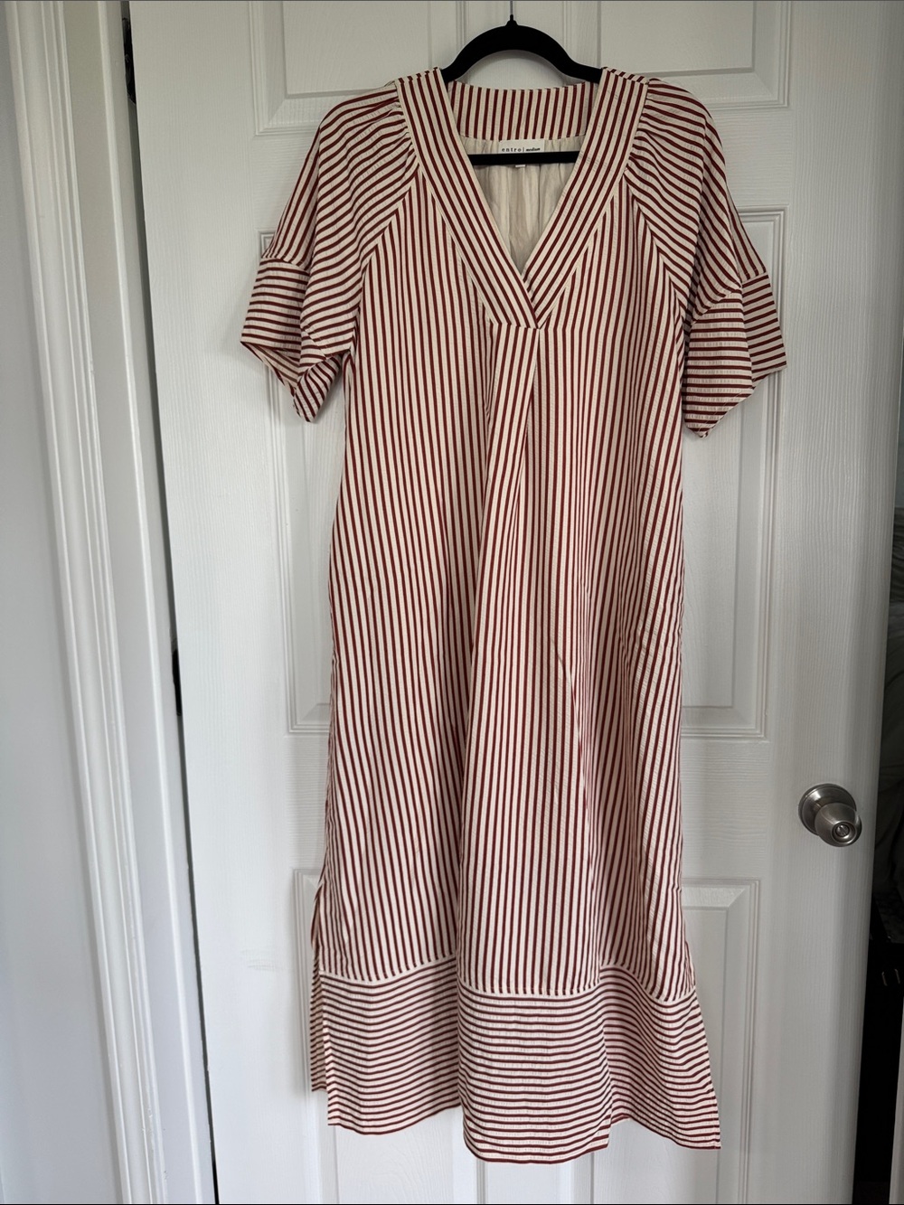 Striped V-Neck Midi Dress in Red and White